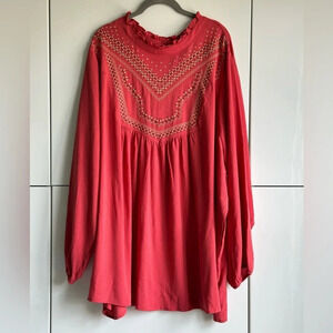 Torrid Embroidered Blouse Size 5 Crinkle Gauze Coral Long Sleeve Boho Prairie